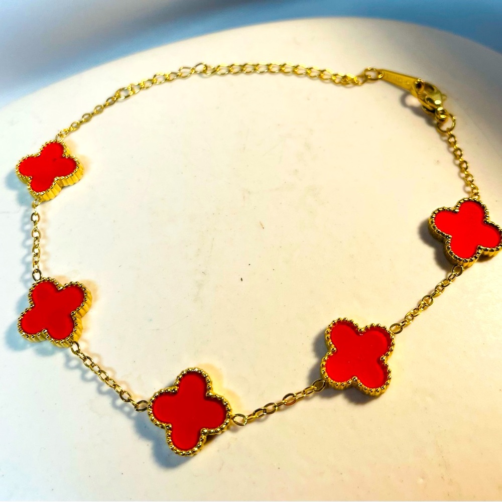Gold and Red Clover Bracelet Designer Luxury Style Gold Plated Quatrefoil